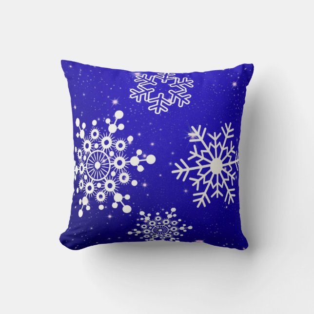 Coussin Joyeux Noël Snowflake blanc Bleu (Recto)