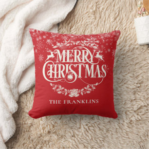 Coussin Joyeux Noël Snowflakes Rouge Famille personnalisée