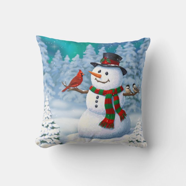 Coussin Joyeux Noël Snowman & Birds Winter Scene (Recto)