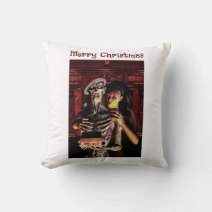 Coussin Joyeux Noël. Squelette drôle avec femme
