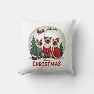 Coussin Joyeux Noël Trois Santa Elf Renne Chats Siamois C