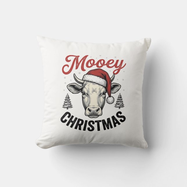 Coussin Joyeux Noël Vache Chapeau de Père Noël Gravure Vin (Recto)