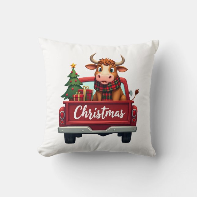 Coussin Joyeux Noël Vache Highland Sapin Rouge Tr (Recto)