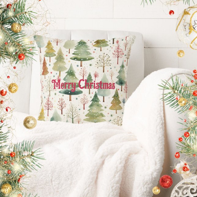 Coussin Joyeux Noël Vert Brun Forêt Pins (Créateur téléchargé)