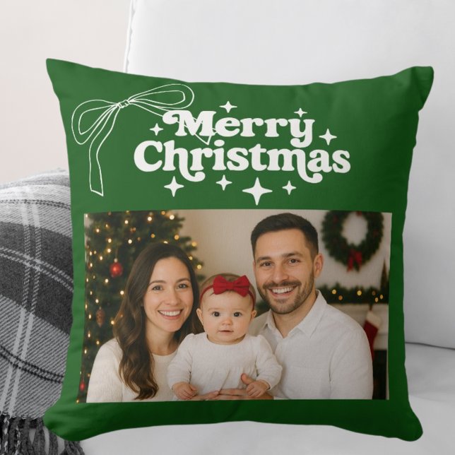 Coussin Joyeux Noël vert photo arc dessiné main (Créateur téléchargé)