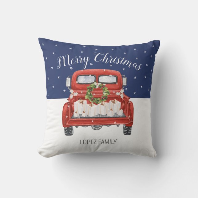 Coussin Joyeux Noël Vintage Camion rouge bleu (Recto)