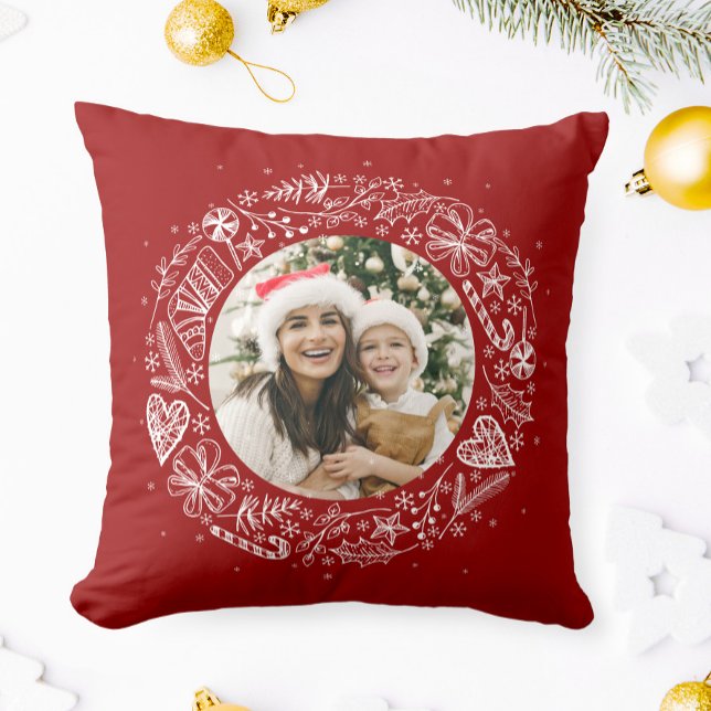 Coussin Joyeux Noël Votre photo Gold couronne rouge (Créateur téléchargé)