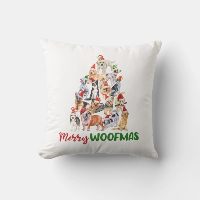 Coussin Joyeux Noël Woofmas Cadeau Amoureux de les chiens (Recto)