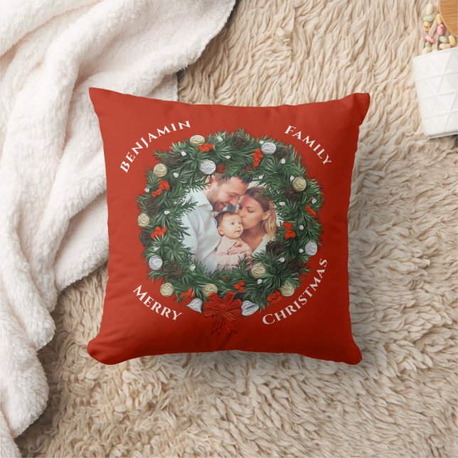 Coussin Joyeux Noël Wreath Family Photo Personnaliser (Couverture)
