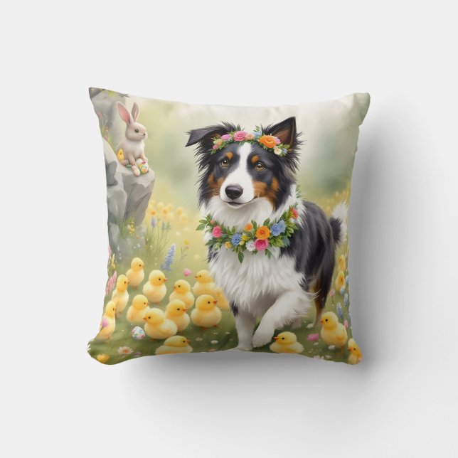 Coussin Joyeux Pâques Collie et les poussins (Recto)