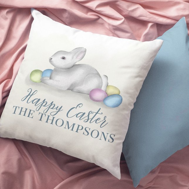 Coussin Joyeux Pâques mignonne Typographie simple Pastel E (Cute Easter bunny Happy Easter typography throw pillow. )