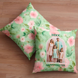 Coussin Joyeux Pastel de Pâques Pink & Green Floral Photo
