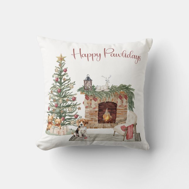 Coussin Joyeux Pawlidays Design de Chien - Beagle (Recto)