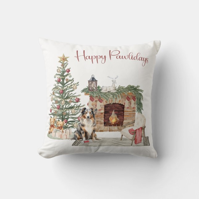 Coussin Joyeux Pawlidays Design de Chien - Berger Australi (Recto)