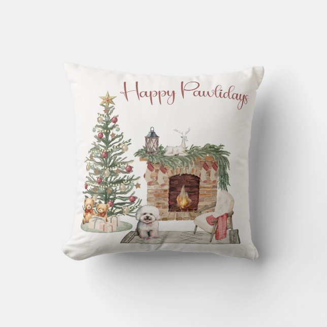 Coussin Joyeux Pawlidays Design de Chien - Bichon Frise (Recto)