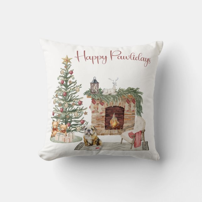 Coussin Joyeux Pawlidays Design de Chien - Bouledogue Angl (Recto)