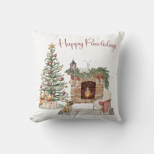 Coussin Joyeux Pawlidays Design de Chien - Bouledogue Fran (Recto)