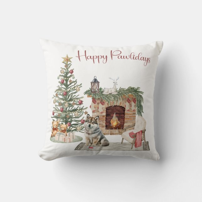 Coussin Joyeux Pawlidays Design de Chien - Husky (Recto)