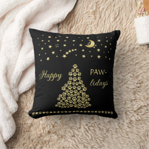 Coussin Joyeux Pawlidays, Or brillant Paw sapin de Noël