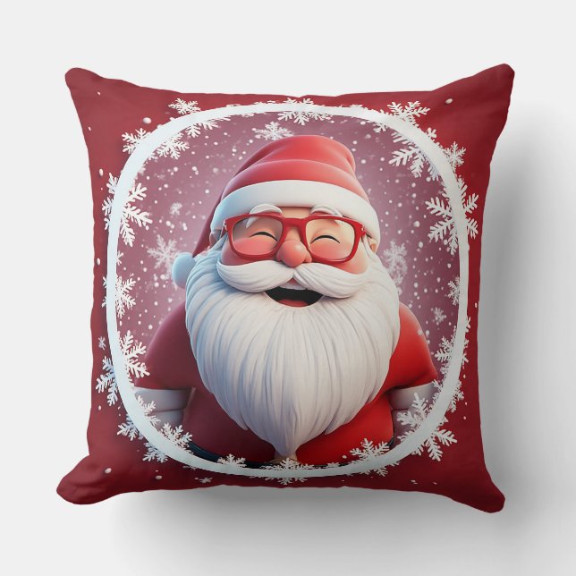 Coussin Joyeux Père Noël entouré de flocons de neige (Recto)