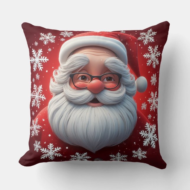 Coussin Joyeux Père Noël entouré de flocons de neige (Recto)