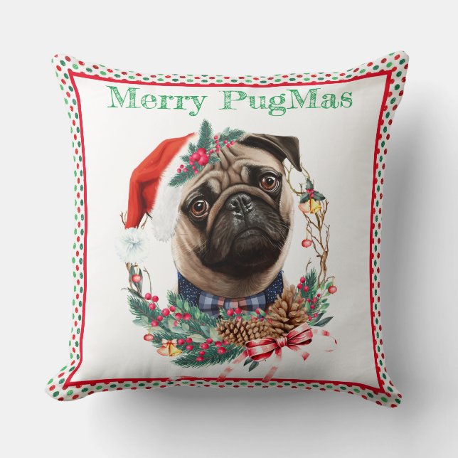 Coussin Joyeux PugMas - Carlin mignon portant le chapeau d (Recto)