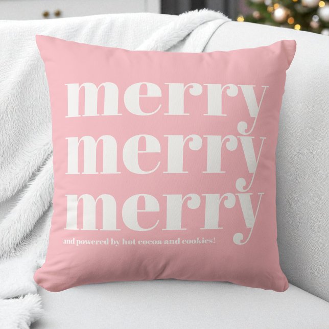 Coussin Joyeux rose blanc typographie amusant Noël simple (Merry Pink White Typography Fun Simple Christmas Throw Pillow)