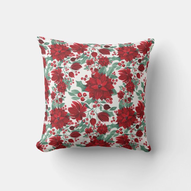 Coussin Joyeux rouge Poinsettia Fleurs Feuilles ivoire Aqu (Recto)