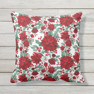 Coussin Joyeux rouge Poinsettia Fleurs Feuilles ivoire Aqu