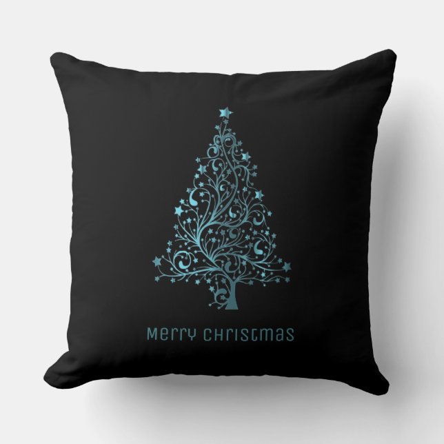 Coussin Joyeux sapin de Noël étoiles Black Metallic Bleu (Recto)
