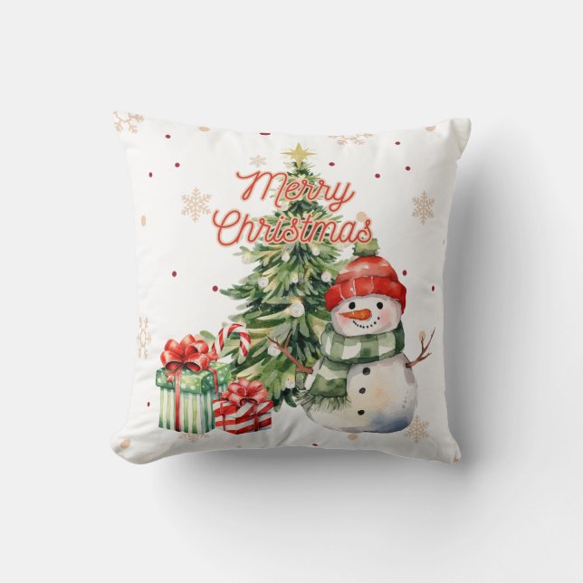 Coussin Joyeux sapin de Noël Snowman et présents (Recto)