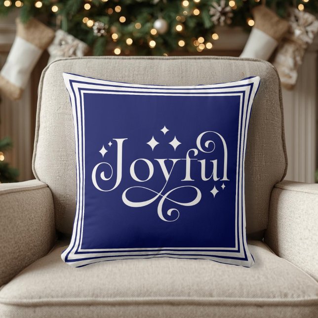 Coussin Joyeux script bleu Throw Pillow (joyful script blue Throw Pillow)
