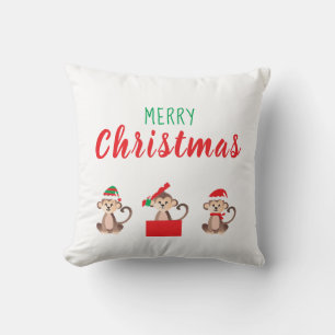 Coussin Joyeux singe de Noël Père Noël Elf Casquette