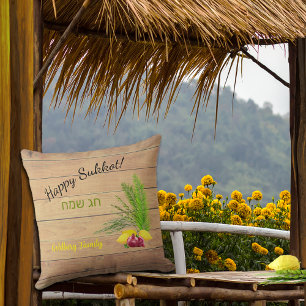 Coussin Joyeux Sukkot Etrog Lulav Bois rustique