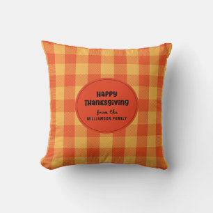 Coussin Joyeux Thanksgiving jaune orange carreaux à carrea