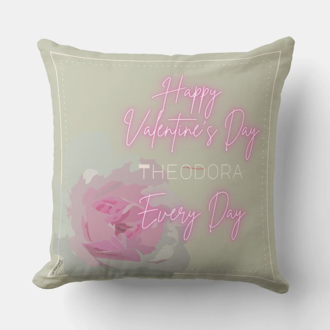 Coussin Joyeux Valentine's Peony rose Grey Texte Neon rose (Recto)