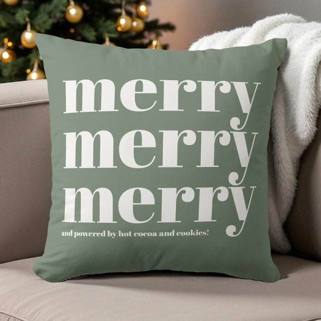 Coussin Joyeux vert blanc typographie amusant rétro Noël (Merry Green White Typography Fun Retro Christmas Throw Pillow)
