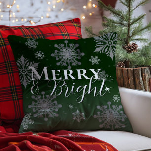 Coussin Joyeux vert et flèches de neige brillantes Noël