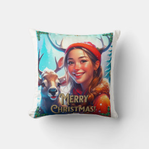 COUSSIN JOYEZ NOËL REINDEER AVEC HEUREUSE FILLE