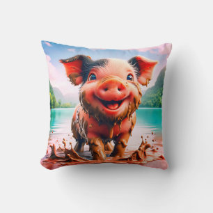 Coussin "Joyful Piglet in Mud Bath - Whimssical Farm Art"