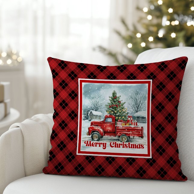 Coussin Joyful red truck Christmas scene rustic festive  (Joyful red truck Christmas scene rustic festive pillow art

)