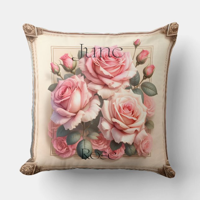 Coussin Juin Rose Mois de Naissance Botanique Florale Vint (Recto)
