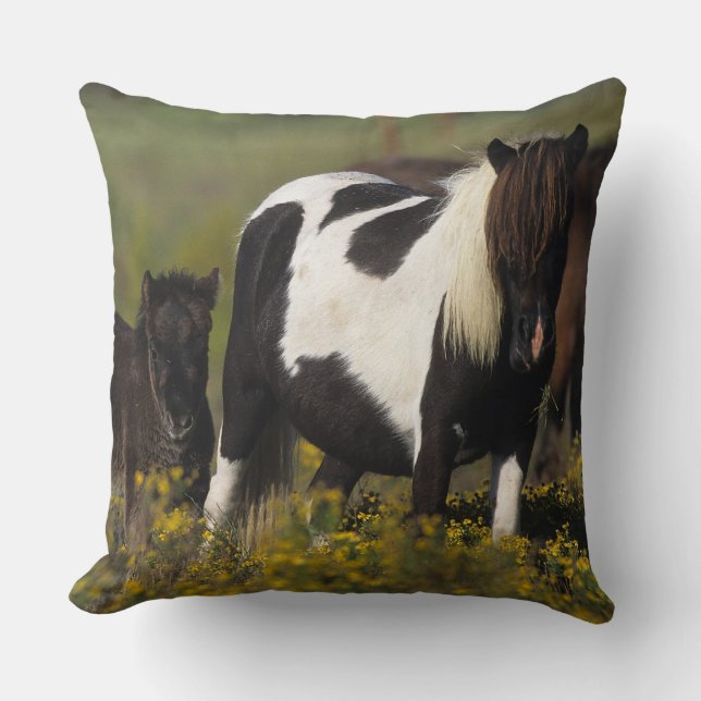 Coussin Jument et poulain miniatures en fleurs (Recto)
