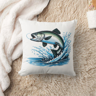 Coussin Jumping Salmon Splash Gift for Fisherman Art