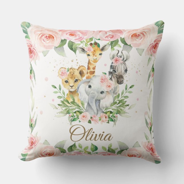 Coussin Jungle Animal Safari rose Floral Girl Salle de soi (Recto)