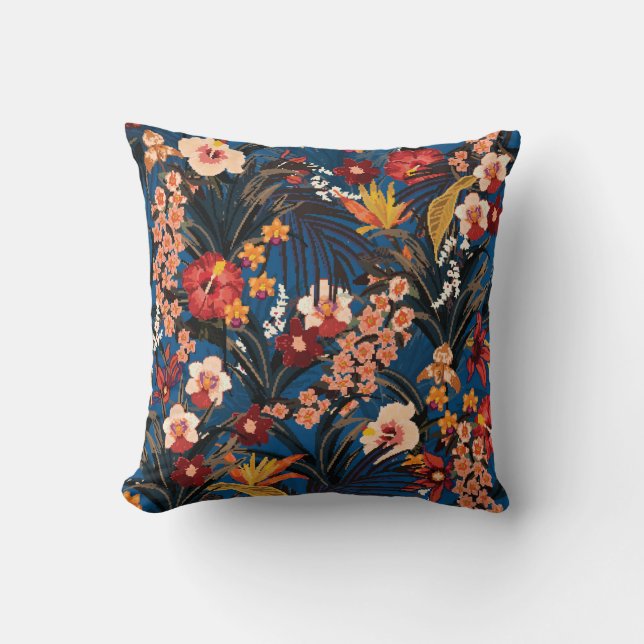 Coussin Jungle Chic : Bleu foncé Exotique. (Recto)