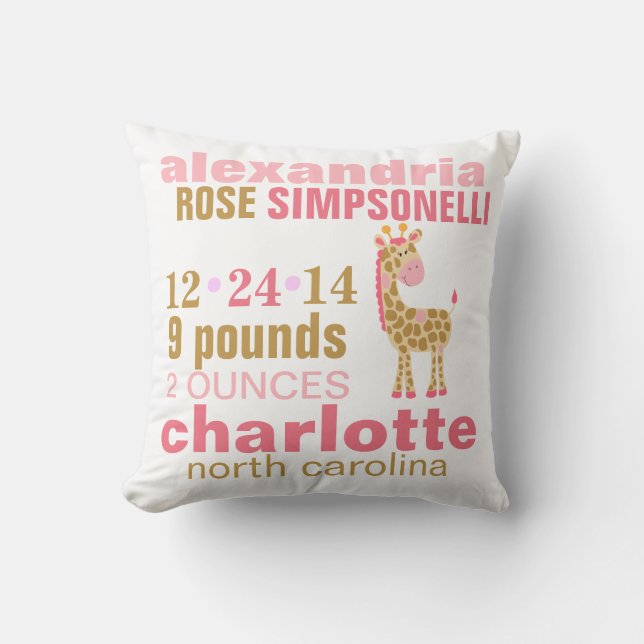 Coussin Jungle Jill Giraffe rose Faire-part de naissance (Recto)