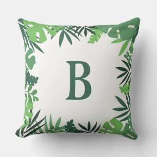 Coussin Jungle palme tropicale feuille monogramme vert