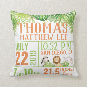 Coussin Jungle Safari Animaux Statistiques de naissance Ba