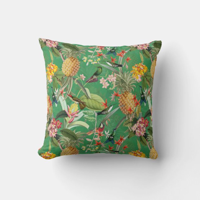 Coussin Jungle Tropicale Avec Colibris Et Fleurs Thro (Recto)